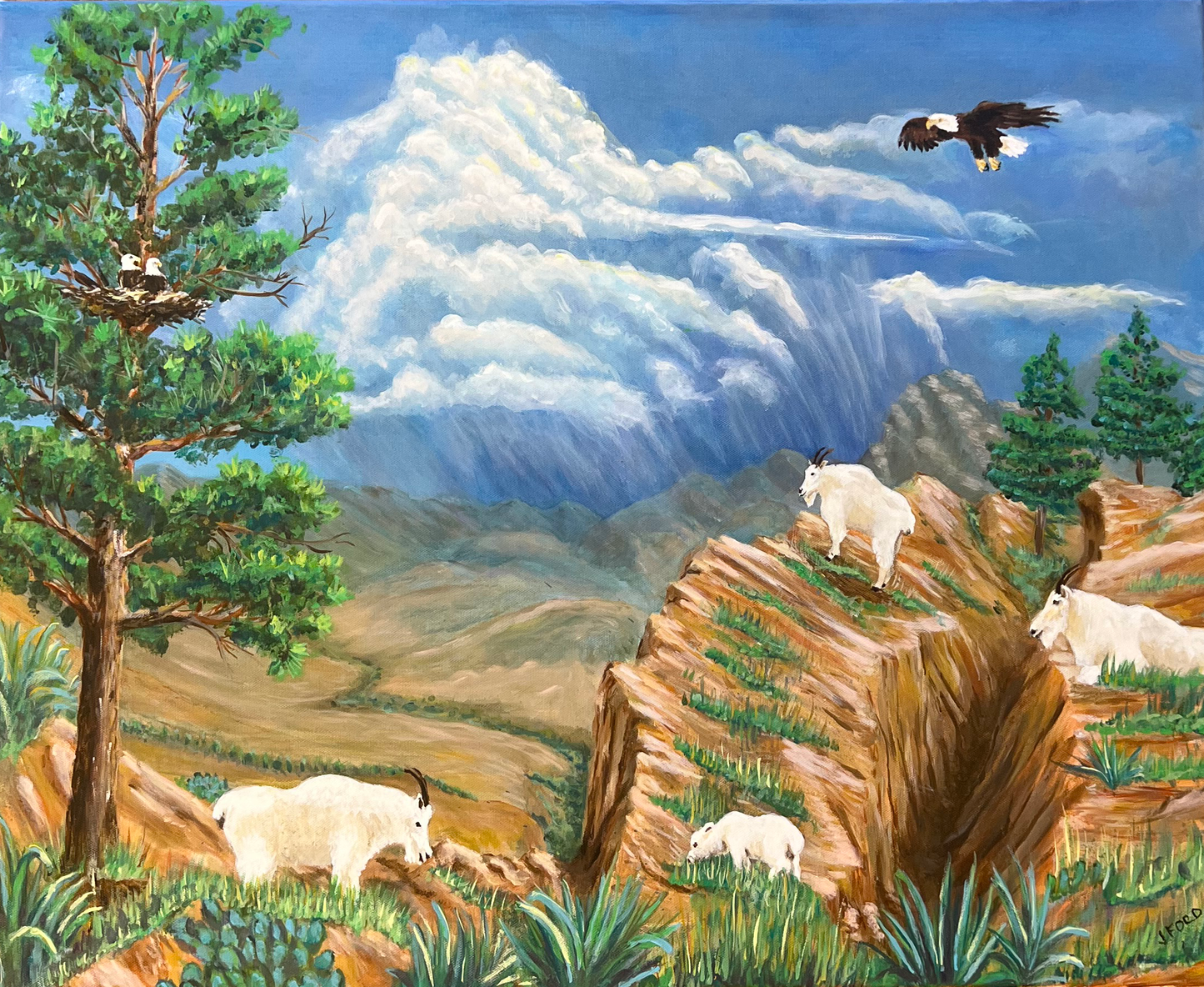 ACRYLICS PAINTING - MOUNTAIN GOATS & BALD EAGLE