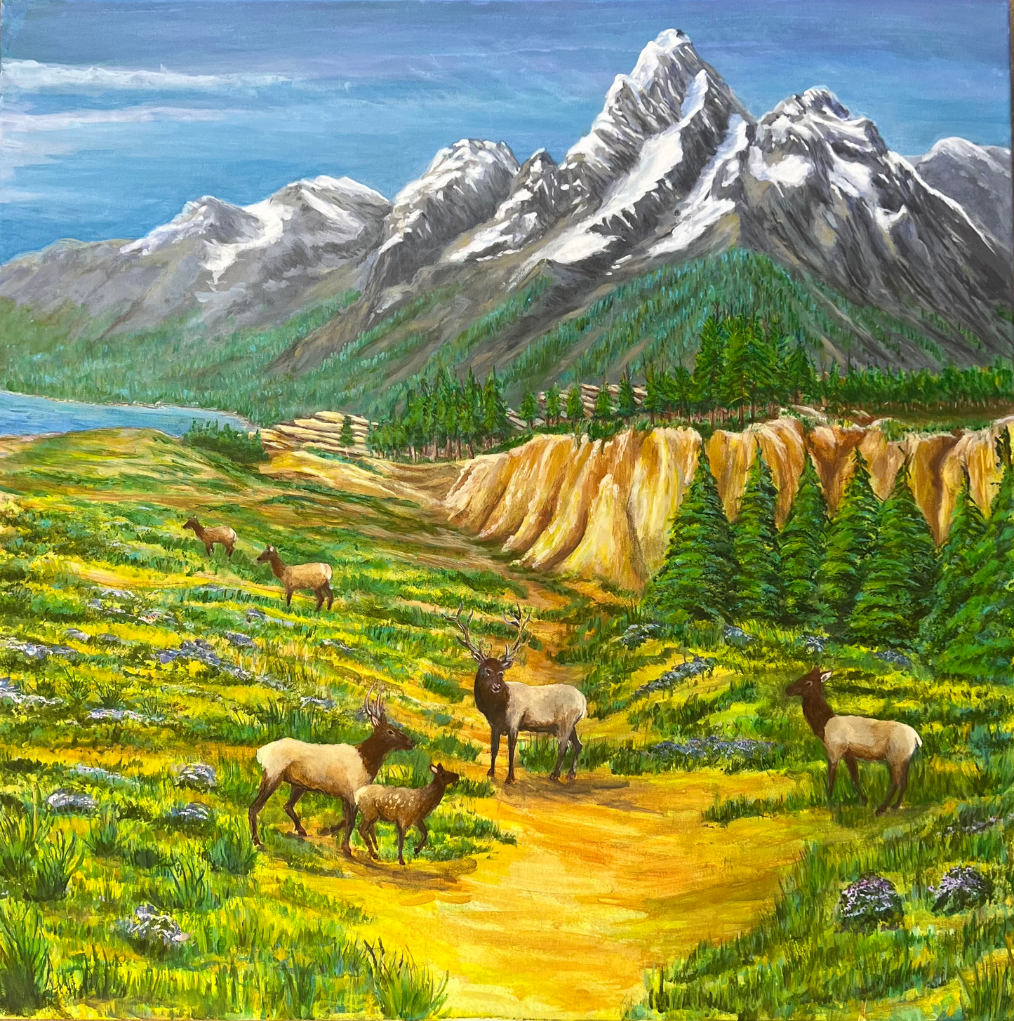 ACRYLICS PAINTING - GRAND TETON WITH ELK