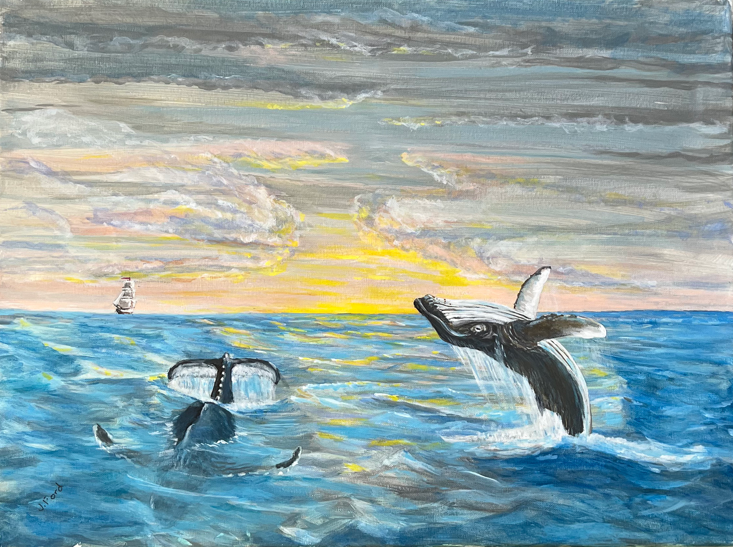 ACRYLICS PAINTING - HUMPBACK WHALES & SUNSET