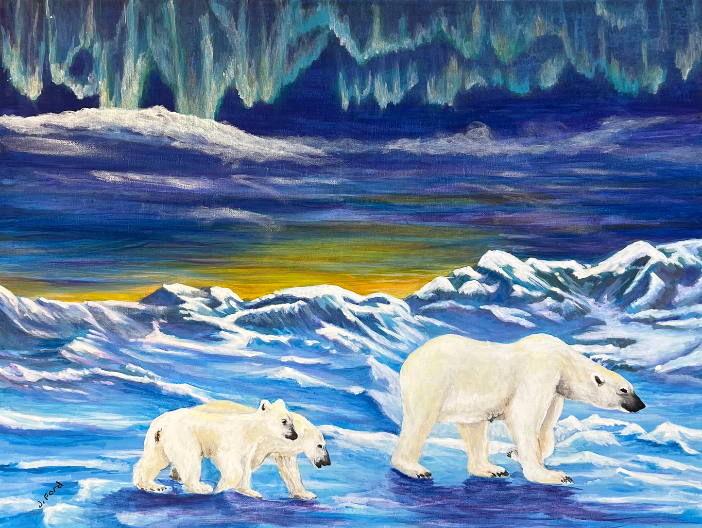 ACRYLICS PAINTING - NORTHERN LIGHTS & POLAR BEARS