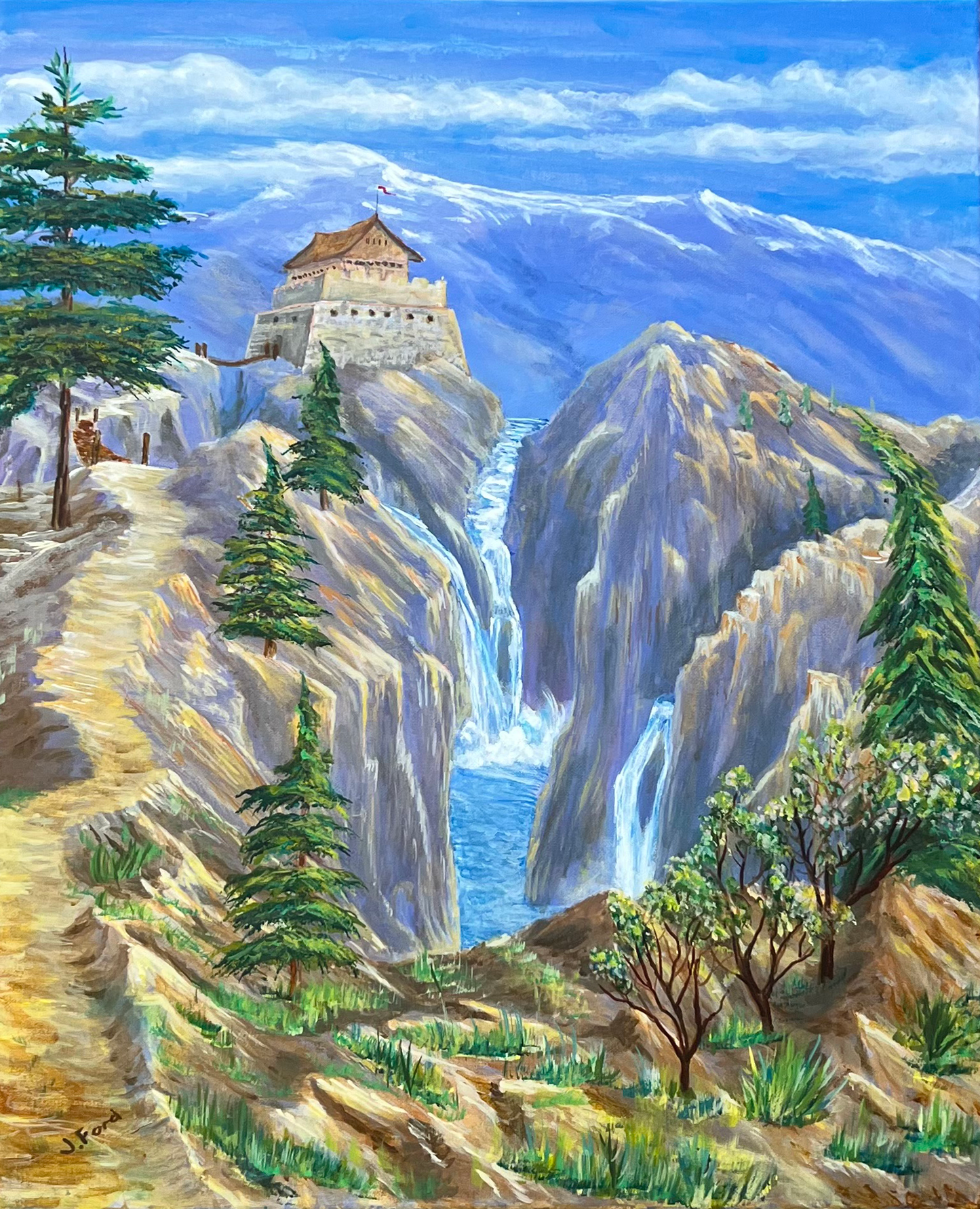 ACRYLICS PAINTING - TEMPLE & WATERFALL