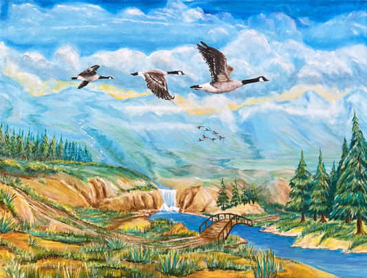 ACRYLICS PAINTING - GEESE OVER THE VALLEY