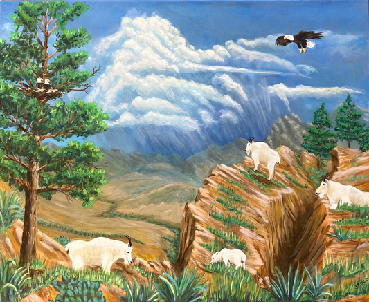 ACRYLICS PAINTING - MOUNTAIN GOATS & BALD EAGLE