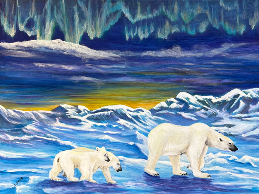ACRYLICS PAINTING - NORTHERN LIGHTS & POLAR BEARS