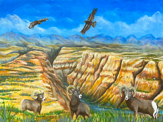 ACRYLICS PAINTING - BIG HORN SHEEP & GOLDEN EAGLES