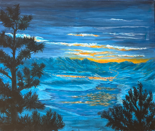 ACRYLICS PAINTING - BLUE SUNSET & LAKE
